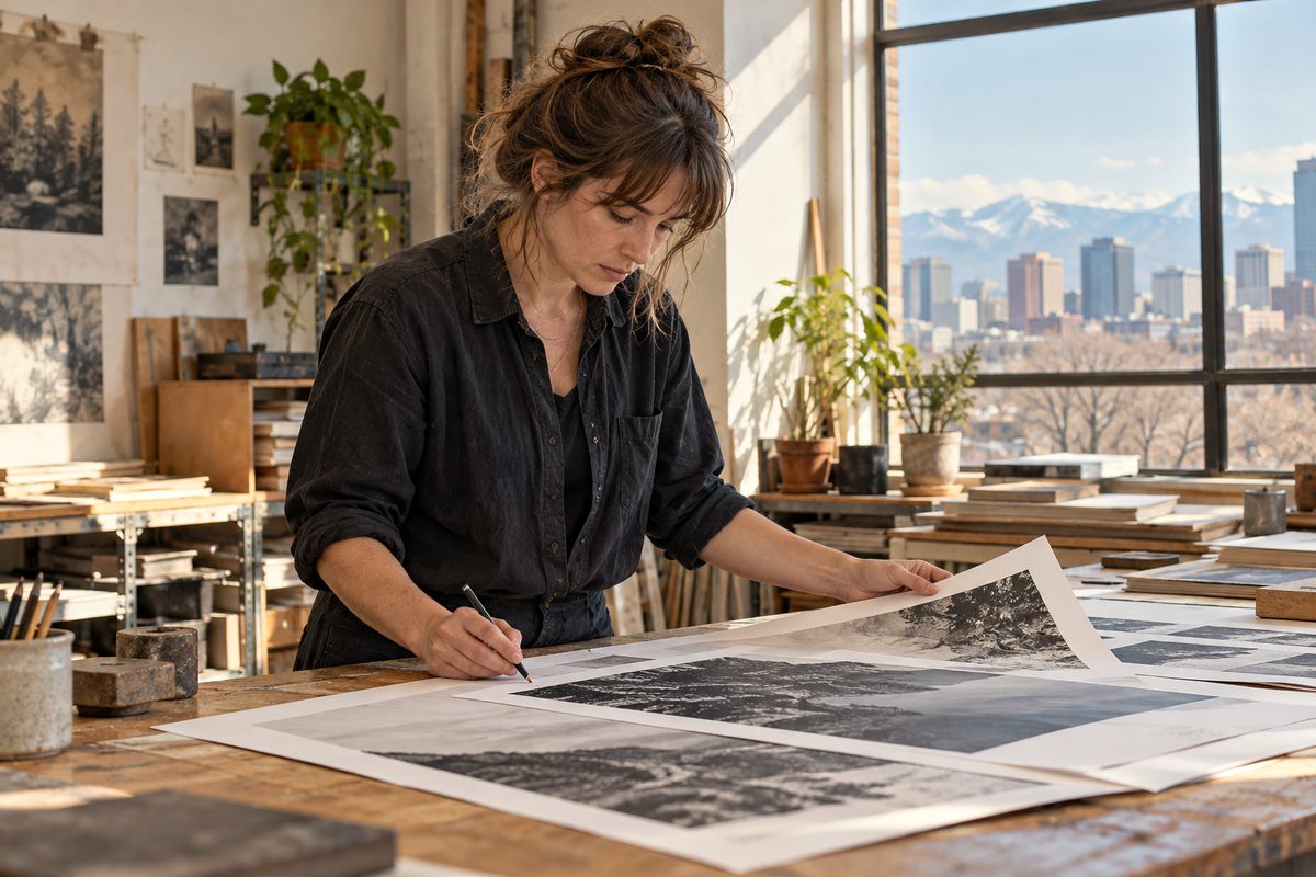 Anna Kozlova examining printed brand proof sheets at the studio worktable in Denver.