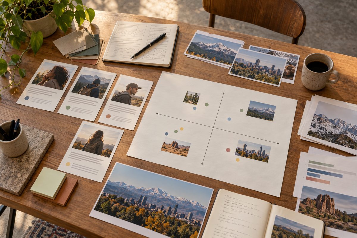 Competitive positioning matrices and audience segment analysis sheets on the studio table.