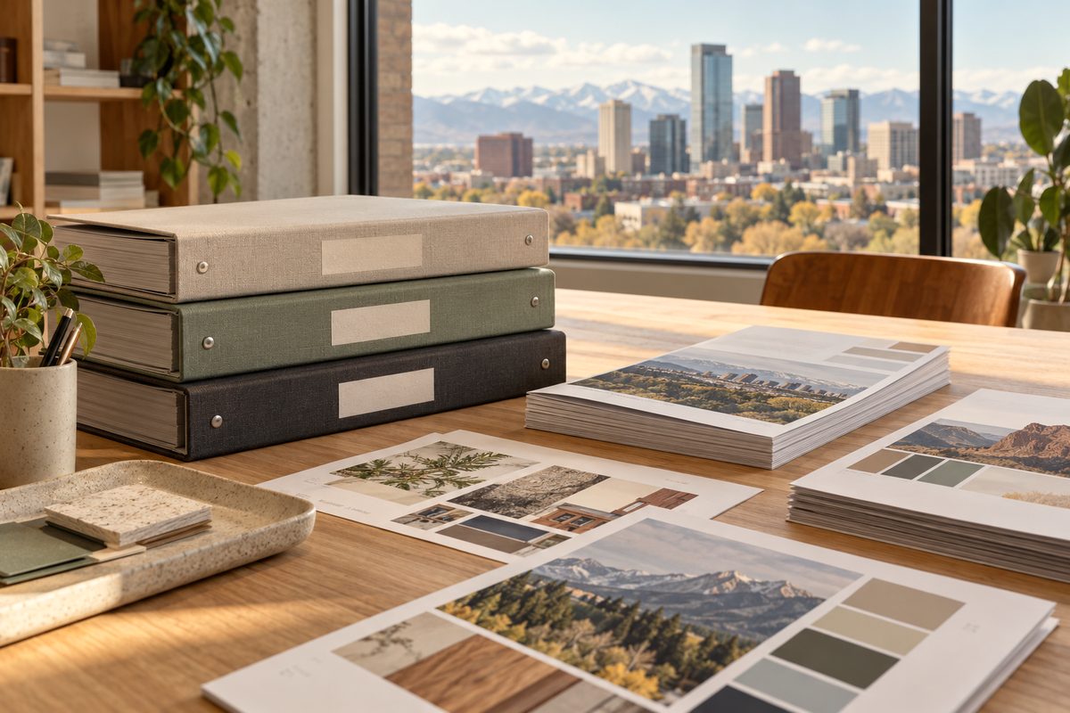 Brand positioning framework binders and market research documentation on display.
