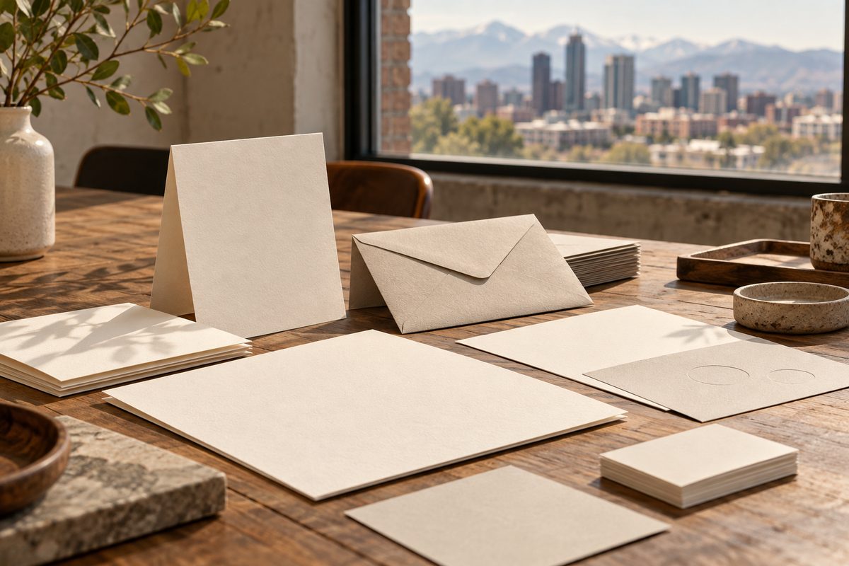 Brand identity package components including folded letterheads, marks, and envelopes on cotton paper.