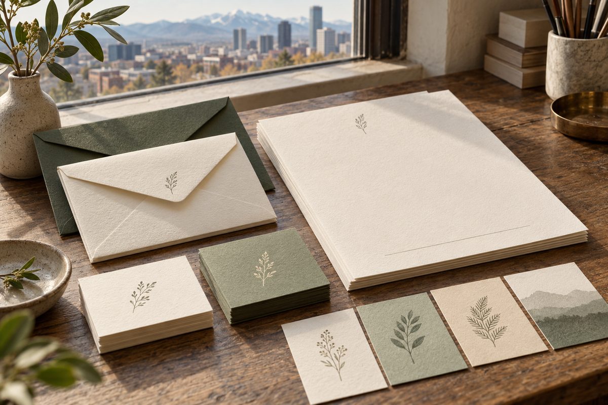 Printed brand identity stationery suite typeset on heavy cotton paper stock.