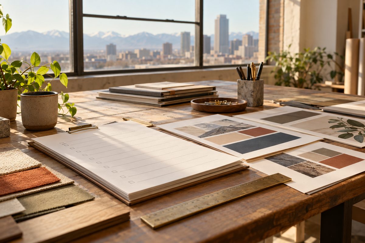 Brand diagnostic evaluation folios and audit worksheets laid out on the consultation desk.