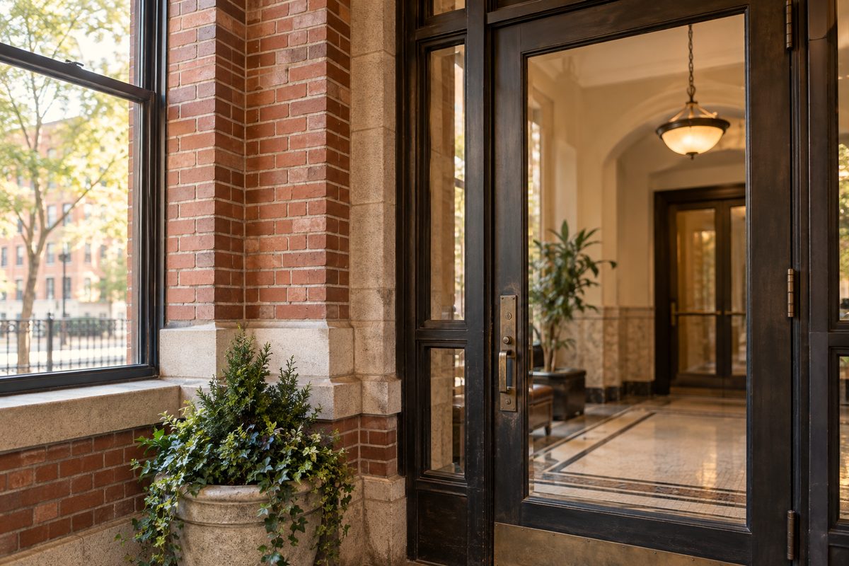 The brick entryway and street entrance of Oak Merton at 300 East 17th Avenue in Denver.