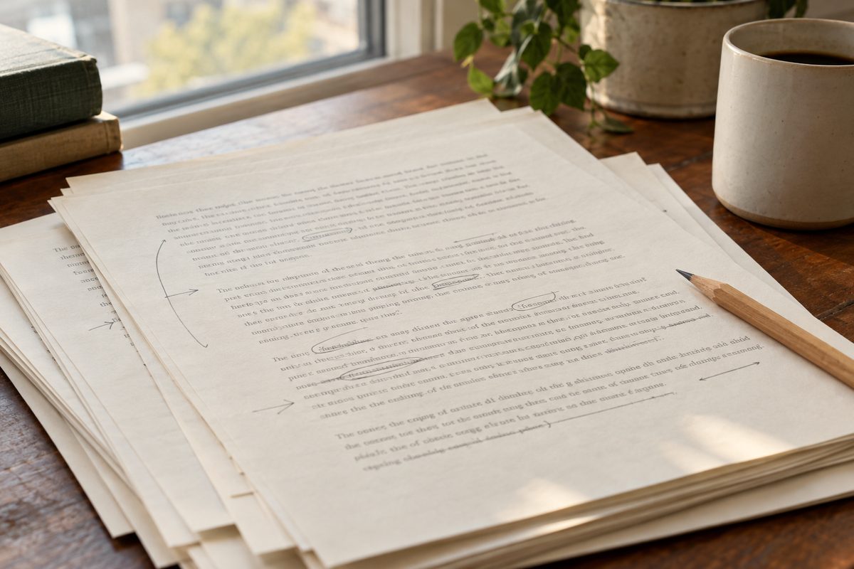 Editorial copy draft sheets with proofreader notes and typographic marks.