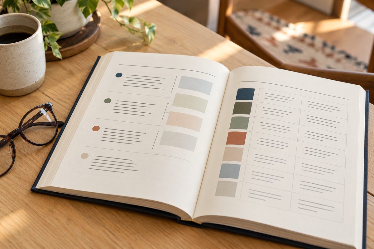 Brand tone of voice handbook and syntax guidelines open on a wooden desk.