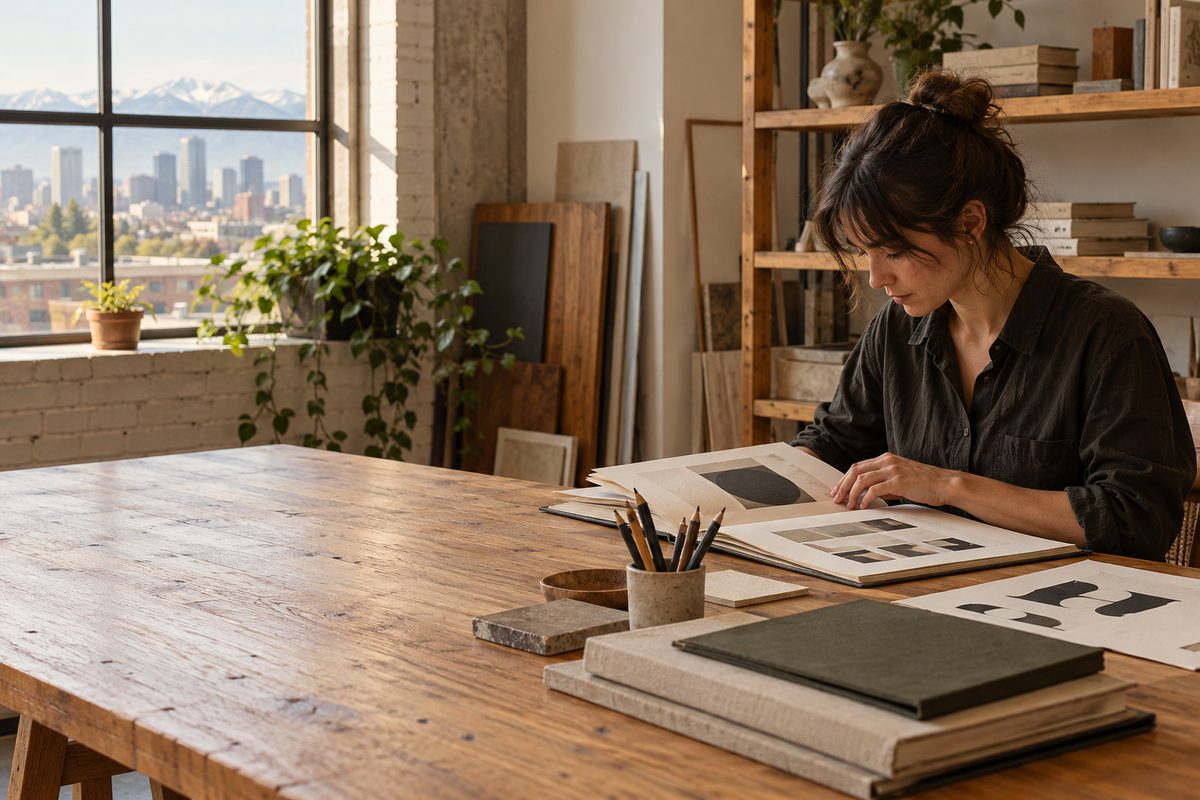 Oak Merton studio drafting worktable with linen brand manuals and typography proofs in Denver