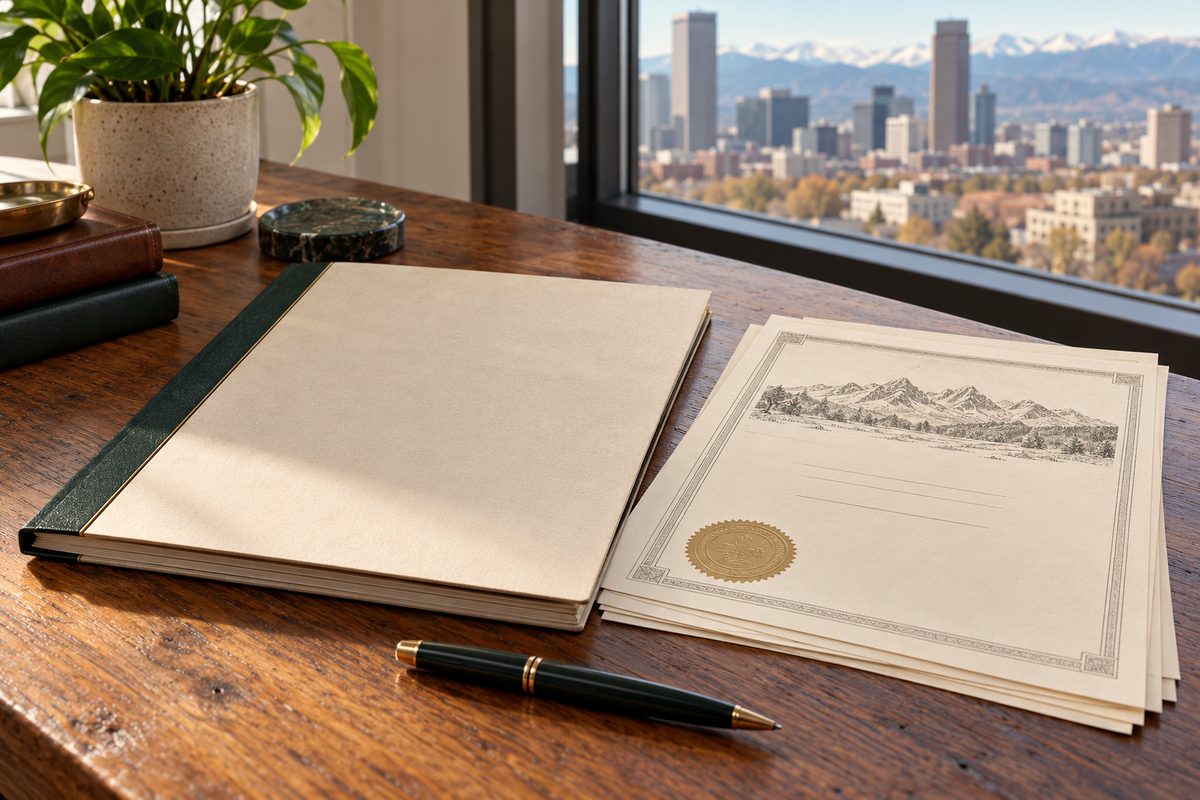 Bound studio terms and registered business documentation on oat paper.