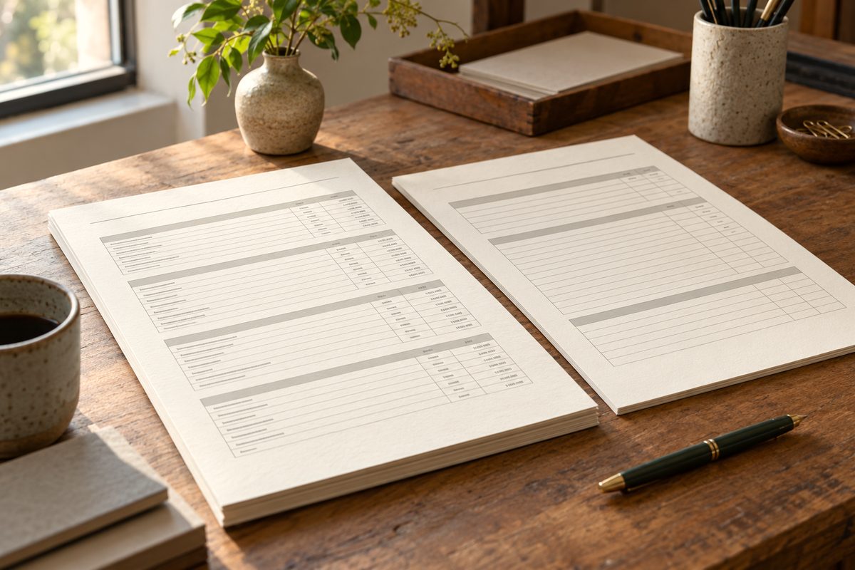 Typeset fee schedule and scope specification sheets resting on the studio table.