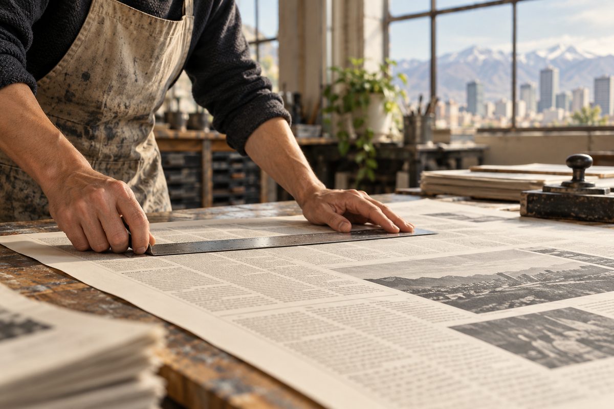 Hands measuring typographic margins on a broadsheet brand proof.