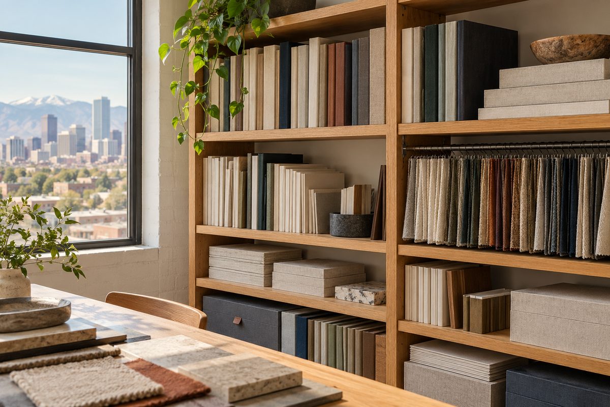 Archive shelving holding reference books and client project folios in the Denver studio.