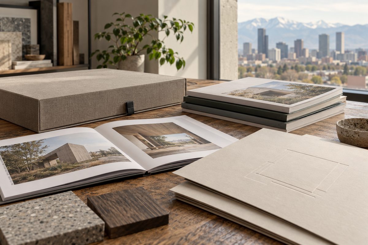 Printed portfolio cases and presentation folders for a regional architectural practice.