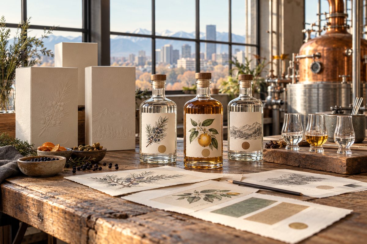 Brand identity deliverables, label proofs, and cartons for a Colorado artisan distillery.