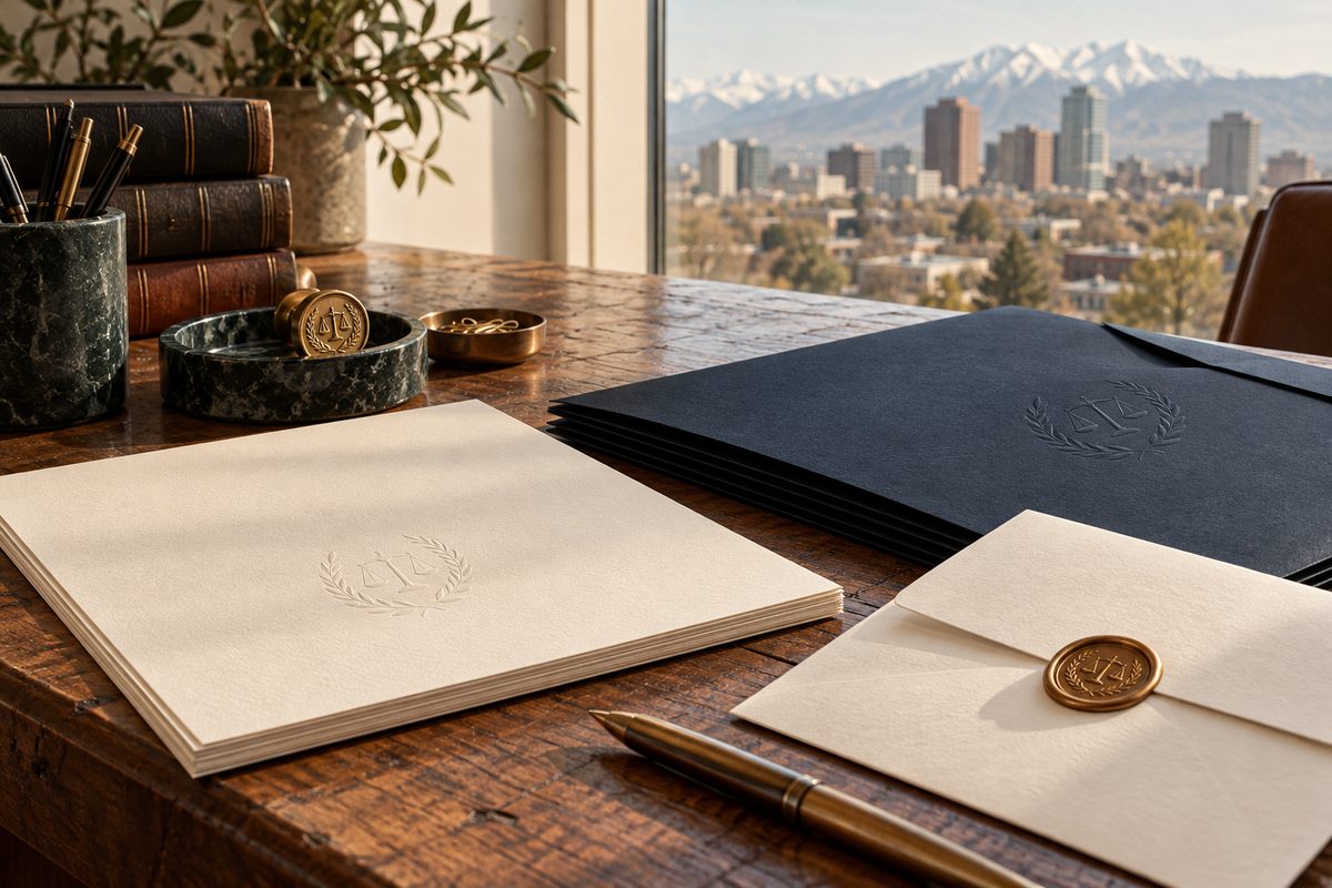 Engraved stationery and presentation folios created for a Denver legal practice.